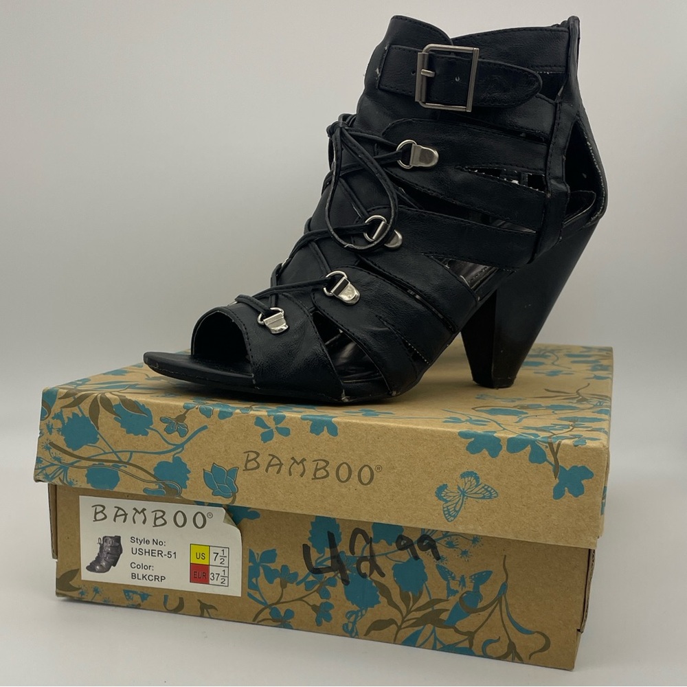 Bamboo Black Lace-Up Heels Sandals | Size 7.5